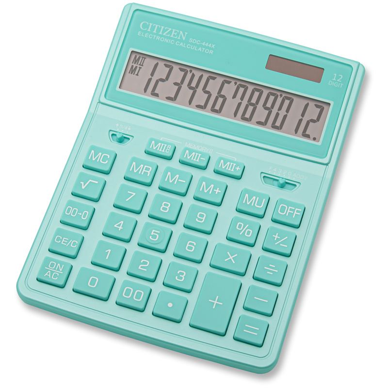 картинка Калькулятор настольный, 12 разрядов, 15,5*20,4*3 см, двойное питание, бирюзовый, "SDC444XRGNE", CITIZEN от магазина Альфанит в Кунгуре