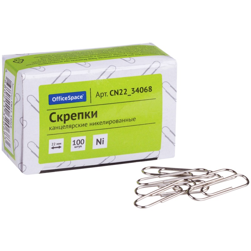 картинка Скрепки 22 мм, 100 шт, овальные, никелированные, OfficeSpace, CN22_34068 от магазина Альфанит в Кунгуре