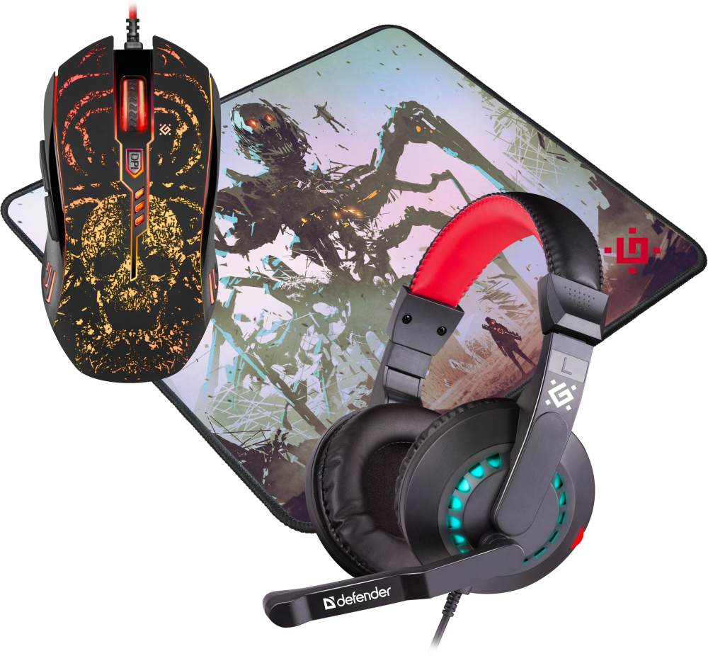 картинка Комплект проводной (мышь + гарнитура + коврик) игровой Defender Nemesida MHP-128, USB, 52128 от магазина Альфанит в Кунгуре