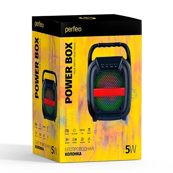 картинка Портативная колонка Perfeo Power Box 5, 5Вт, 1200мАч, Bluetooth, USB, радио, microSD, черный, MP3, подсветка, PF_B4193 от магазина Альфанит в Кунгуре