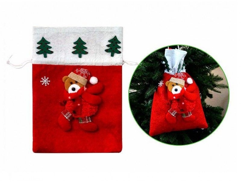 картинка Мешок для подарка, 20*30 см, текстиль, красный, "Мишка", 6079 от магазина Альфанит в Кунгуре