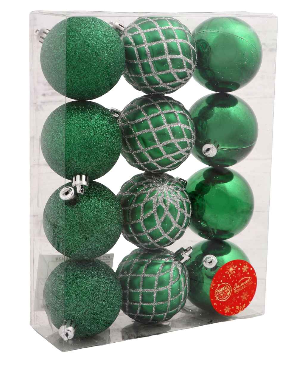 картинка Набор шаров, 12 шт, 6 см, пластик, зеленый, "Ларго", Зимнее волшебство, 4941739 от магазина Альфанит в Кунгуре