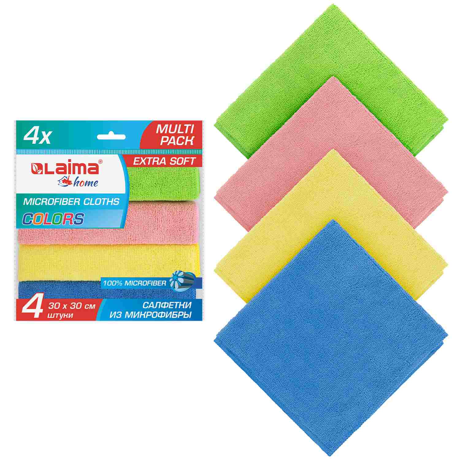 картинка Салфетки из микрофибры, 4 шт, 30*30 см, плотные, "Multi Pack Pro Colour 30", LAIMA, 607792 от магазина Альфанит в Кунгуре