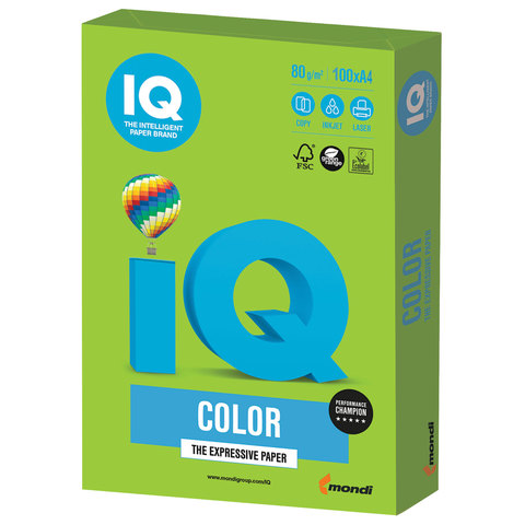 картинка Бумага офисная цветная, А4, 100 л, 1 цв, 80 г/м2, ярко-зеленый интенсив, IQ, MA42 от магазина Альфанит в Кунгуре