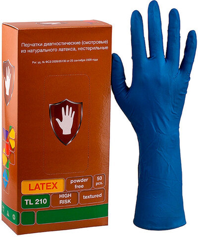 картинка Перчатки латексные, 1 пара, размер XL, синий, "High Risk DL/TL210", SAFE&CARE, 630696 от магазина Альфанит в Кунгуре