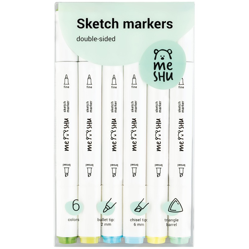 картинка Скетч-маркеры двусторонние, 6 цв, 6 шт, трехгранный корпус, морские цвета, MESHU, MS_38254 от магазина Альфанит в Кунгуре