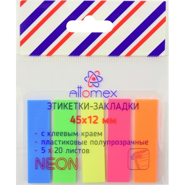 картинка Закладки-флажки самоклеящиеся, 1,2*4,5 см, 100 л, 5 цв, неон, пластик, Attomex, 2011703 от магазина Альфанит в Кунгуре