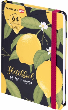 картинка Скетчбук, А5, 64 л, 160 г/м2, белый, резинка, твердый переплет, "Лимоны", BRAUBERG, 114591 от магазина Альфанит в Кунгуре