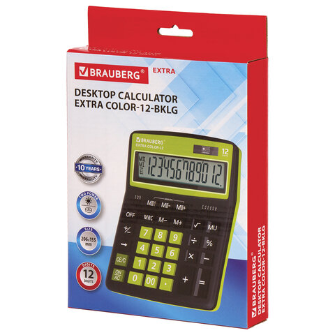 картинка Калькулятор настольный, 12 разрядов, 20,6*15,5 см, черно-салатовый, "EXTRA COLOR-12-BKLG", BRAUBERG, 250477 от магазина Альфанит в Кунгуре