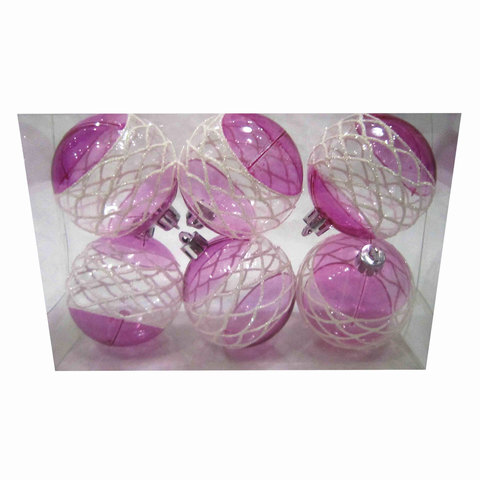 картинка Шары  елочные  набор 6 шт. пластик  диаметр 6 см с рисунком глиттером , цвет розовый  (глянец) от магазина Альфанит в Кунгуре