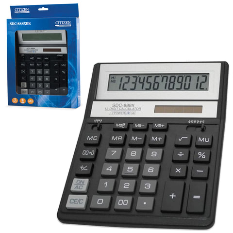 картинка Калькулятор настольный, 12 разрядов, 20,3*15,8 см, двойное питание, черный, "SDC-888ХBK", CITIZEN, 250339 от магазина Альфанит в Кунгуре