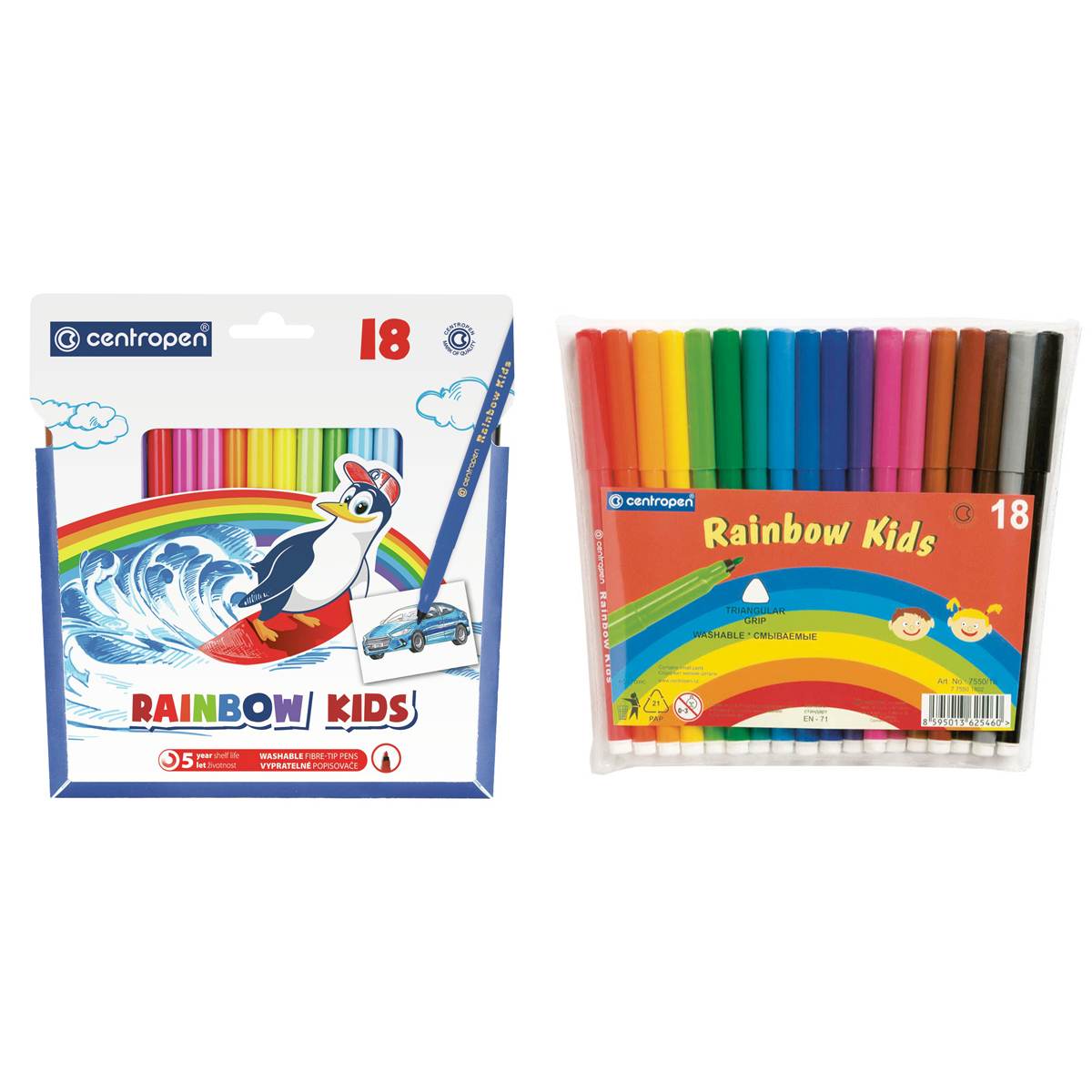 картинка Фломастеры, 18 цв, 18 шт, трехгранный корпус, смываемые, "Rainbow Kids", CENTROPEN, 7 7550 1802 от магазина Альфанит в Кунгуре