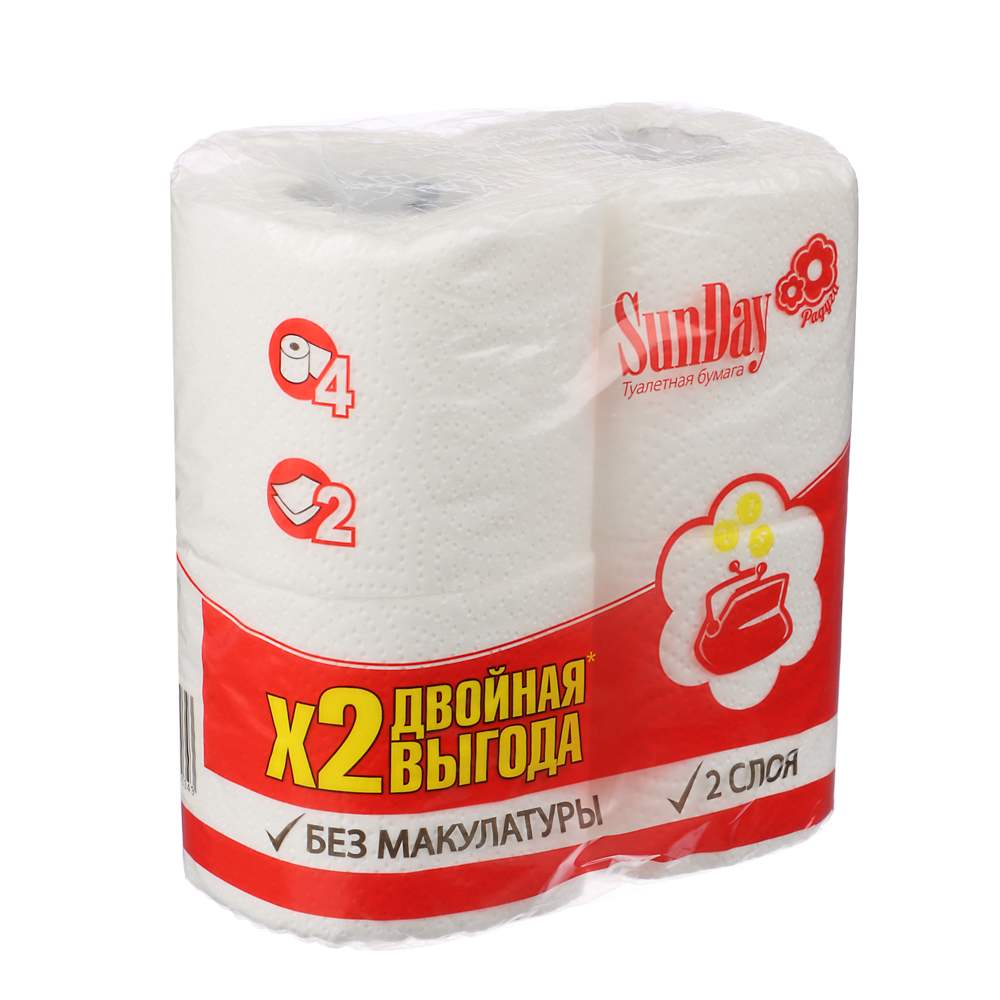 картинка Бумага туалетная, 4 шт, 2 слоя, цвет белый, Sunday, 918-002 от магазина Альфанит в Кунгуре