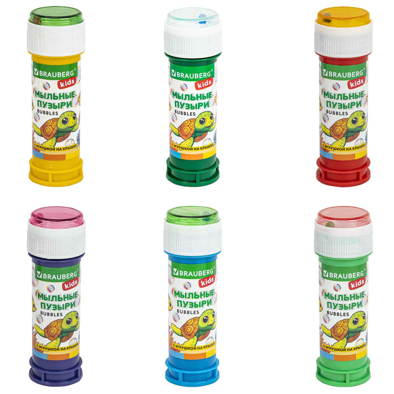 картинка Мыльные пузыри 60 мл, ассорти, с игрушкой на крышке, BRAUBERG KIDS, 665453 от магазина Альфанит в Кунгуре