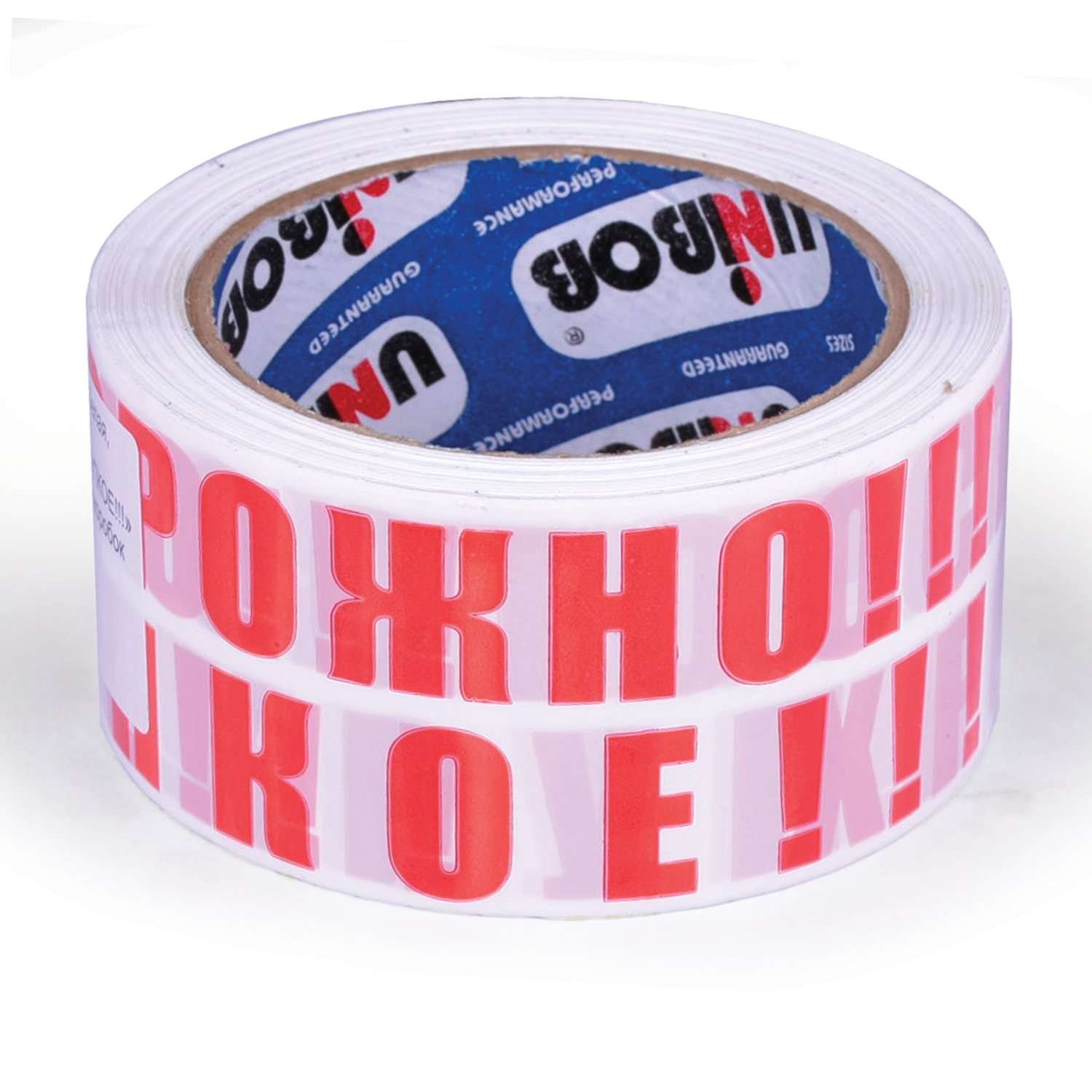 картинка Скотч цветной, 50мм*66м, d.m. 50, белый, "ОСТОРОЖНО!!!ХРУПКОЕ!!!", Unibob от магазина Альфанит в Кунгуре