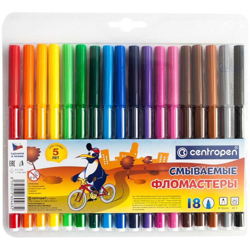 картинка Фломастеры, 18 цв, 18 шт, трехгранный корпус, смываемые, "Washable", CENTROPEN, 7 7790 1885 от магазина Альфанит в Кунгуре
