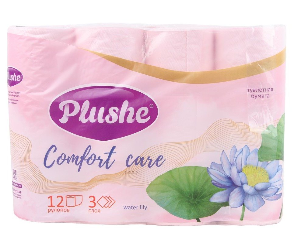 картинка Бумага туалетная, 12 шт, 3 слоя, втулка, цвет розовый, "Comfort care Water Lily", Plushe, 75261 от магазина Альфанит в Кунгуре