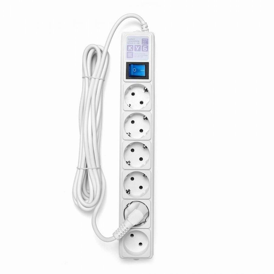 картинка Сетевой фильтр Cube Power, 6 розеток, 5,0 м, белый, выключатель, с заземлением, SPG(5+1)-16B-5М от магазина Альфанит в Кунгуре