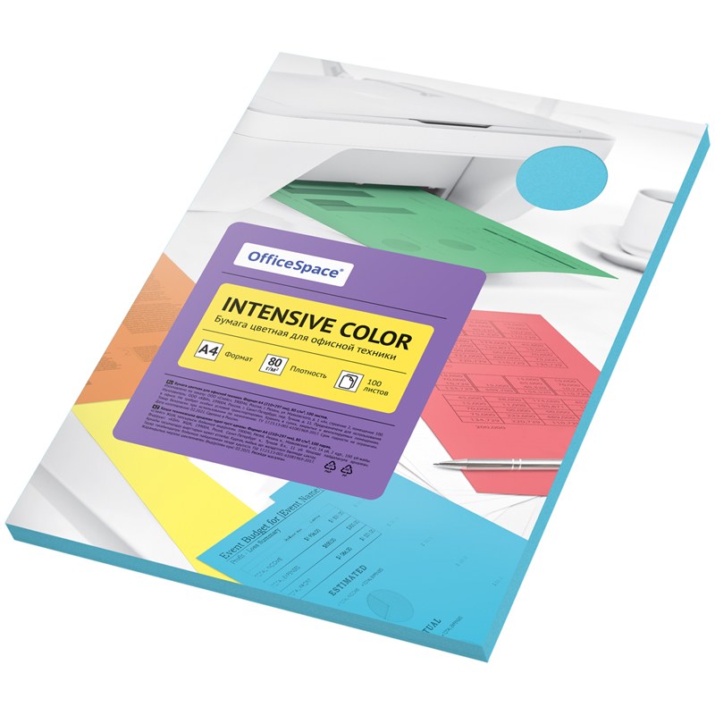 картинка Бумага офисная цветная, А4, 100 л, 1 цв, 80 г/м2, голубой, "Intensive Color", OfficeSpace, IC_38226 от магазина Альфанит в Кунгуре
