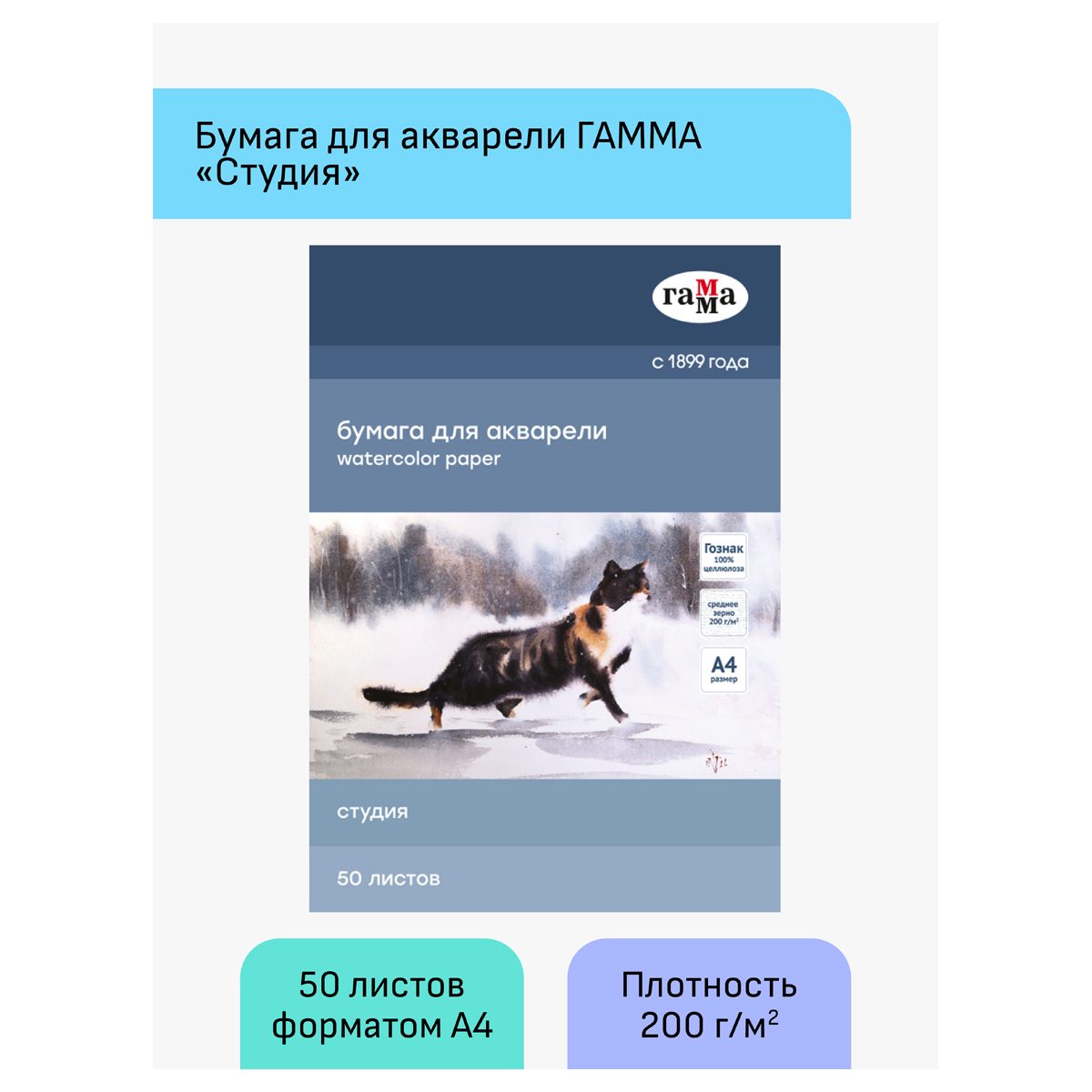 картинка Папка для акварели, А4, 50 л, 200 г/м2, среднее зерно, "Студия", Гамма, 40C03F750W от магазина Альфанит в Кунгуре