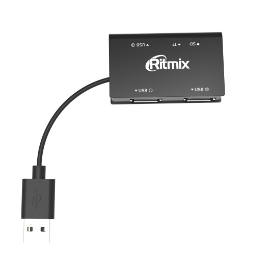 картинка Разветвитель с картридером Ritmix CR-2322, USB 2.0, 3 порта, SD/microSD, черный от магазина Альфанит в Кунгуре