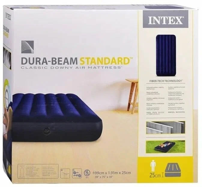 картинка Матрас надувной, 99*191*25 см, синий, "Classic downy fiber-tech", Intex, 64757 от магазина Альфанит в Кунгуре