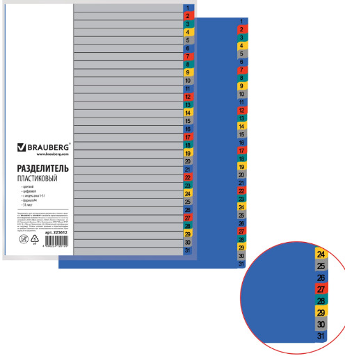 картинка Разделитель листов, А4, 31 л, цифровой 1-31, оглавление, цветной, BRAUBERG, 225612 от магазина Альфанит в Кунгуре