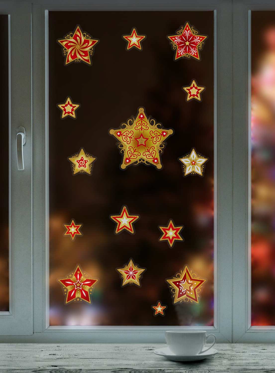 картинка Новогоднее оконное украшение, 30*38см, ПВХ, "Красно-золотые снежинки 3", 591209 от магазина Альфанит в Кунгуре