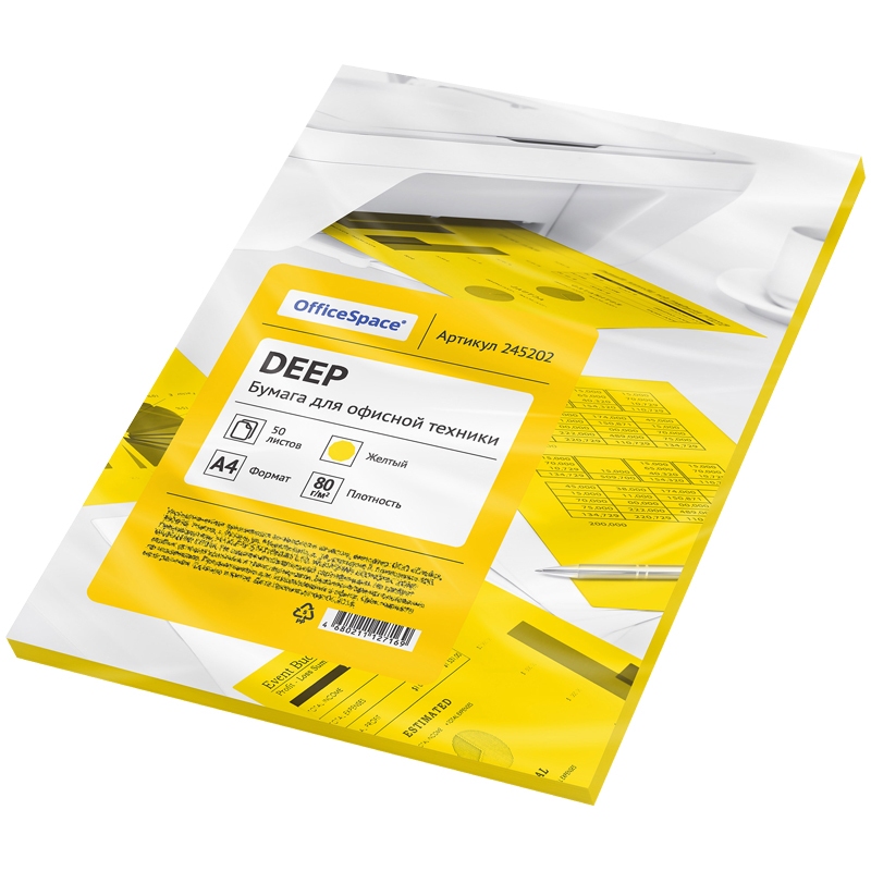 картинка Бумага офисная цветная, А4, 50 л, 1 цв, 80 г/м2, желтый, "Deep", OfficeSpace, 245202 от магазина Альфанит в Кунгуре