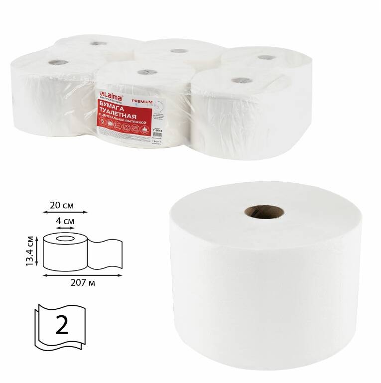 картинка Бумага туалетная, 6 шт, 2 слоя, 207 м, цвет белый, система T8, "Premium", LAIMA, 472242 от магазина Альфанит в Кунгуре