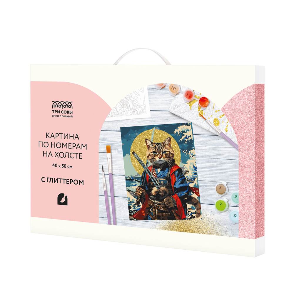 картинка Картина по номерам, 40*50 см, на подрамнике, с глиттером, "Кот-самурай", Три совы, КХг4050_57069 от магазина Альфанит в Кунгуре