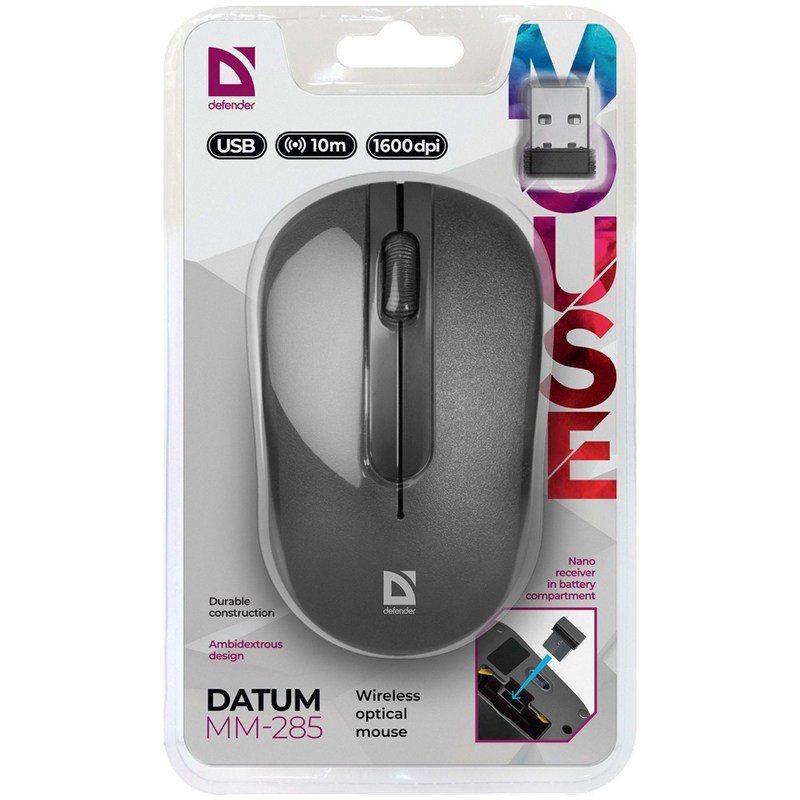 картинка Мышь беспроводная Defender Datum MM-285, 1600 dpi, USB, черный, 52285 от магазина Альфанит в Кунгуре