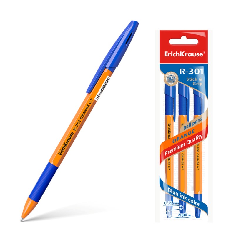 картинка Ручка шариковая, 0,7 мм, синяя, корп. оранжевый, грип, "R-301 Orange", Erich Krause, 39531 от магазина Альфанит в Кунгуре