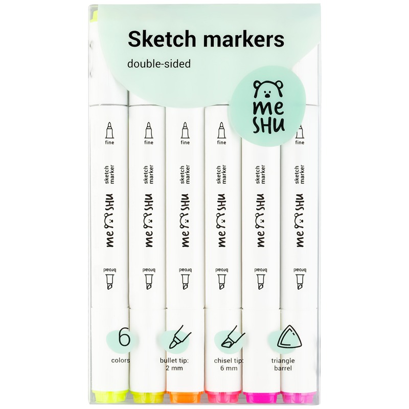 картинка Скетч-маркеры двусторонние, 6 цв, 6 шт, трехгранный корпус, флуоресцентные цвета, MESHU, MS_38253 от магазина Альфанит в Кунгуре