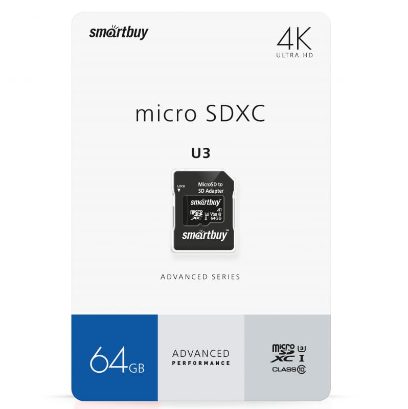 картинка Карта памяти micro-SDXC SmartBuy 64 GB Class 10, с адаптером U3 V30 A1 Advanced, SB64GBSDU1A-AD от магазина Альфанит в Кунгуре