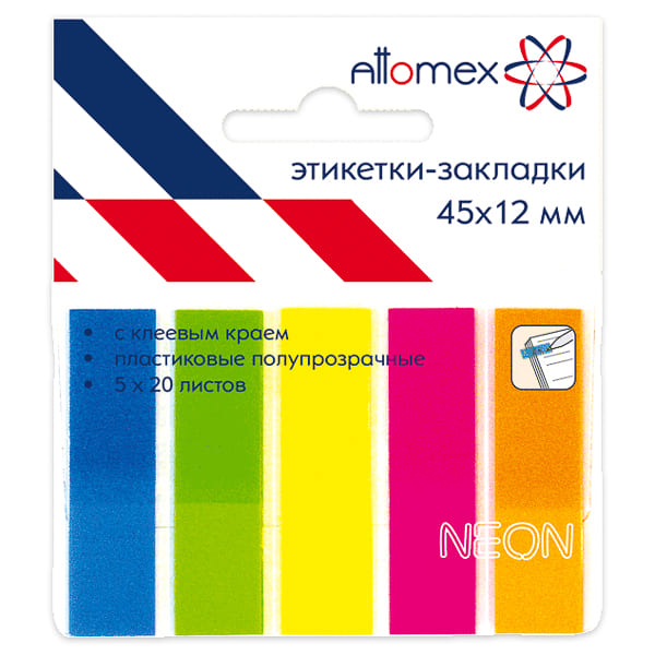 картинка Закладки-флажки самоклеящиеся, 1,2*4,5 см, 100 л, 5 цв, неон, пластик, Attomex, 2011703 от магазина Альфанит в Кунгуре