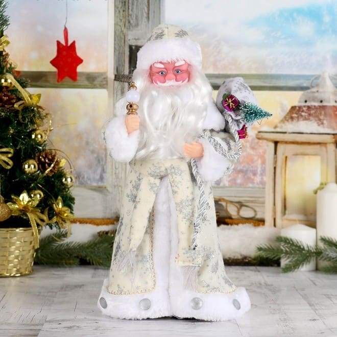 картинка Дед Мороз, 38 см, пластик/текстиль, на батарейках, с подсветкой,"В белой шубке с подарками", 3555405 от магазина Альфанит в Кунгуре