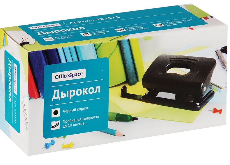 картинка Дырокол, 2 отверстия, на 10 л, с линейкой, пластик, черный, OfficeSpace, P_7114/222111 от магазина Альфанит в Кунгуре