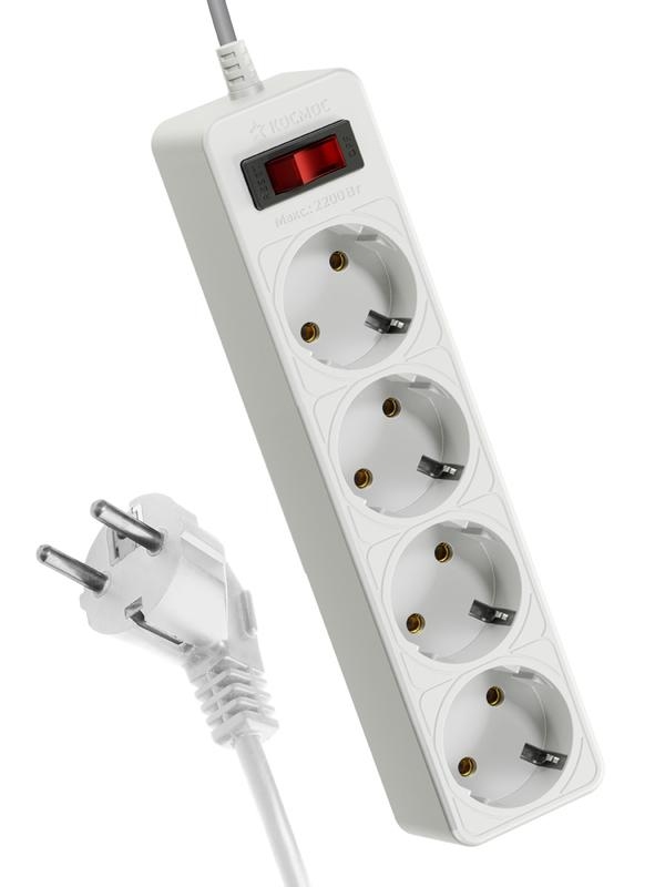 картинка Сетевой фильтр Космос, 4 розетки, 1,5 м, белый, выключатель, с заземлением, FKsm1.5m-4g(W) от магазина Альфанит в Кунгуре