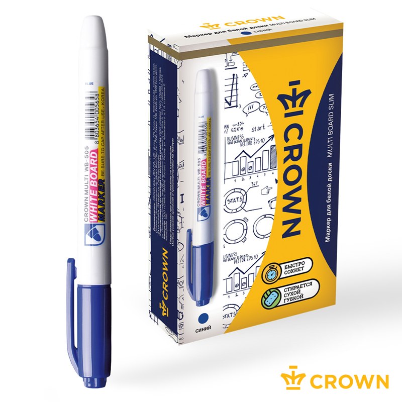 картинка Маркер для доски, 2 мм, пулевидный, синий, "Multi Board Slim", Crown, WB-505 от магазина Альфанит в Кунгуре