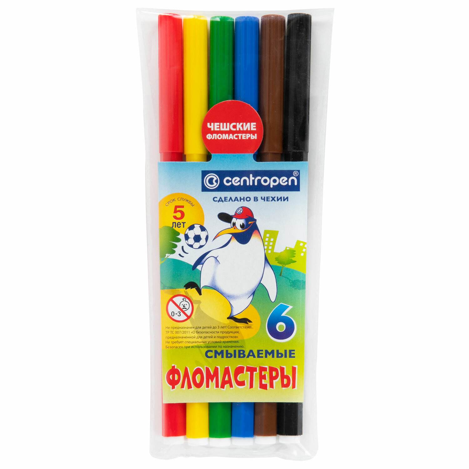 картинка Фломастеры, 6 цв, 6 шт, шестигранный корпус, смываемые, "Пингвины", CENTROPEN, 7790 0686 от магазина Альфанит в Кунгуре