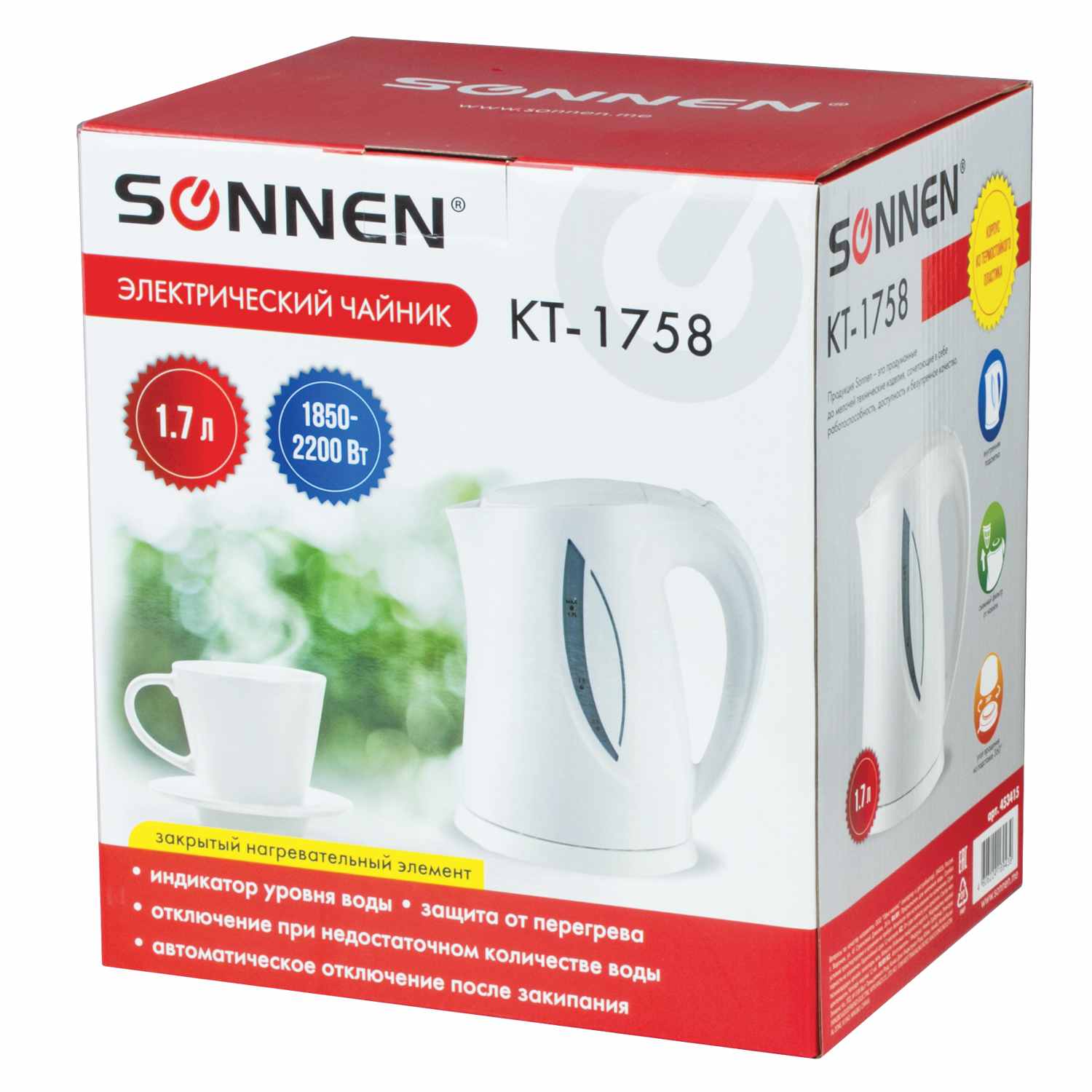 картинка Чайник SONNEN KT-1758, 1,7 л, 2200 Вт, закрытый нагревательный элемент, пластик, белый, 453415 от магазина Альфанит в Кунгуре