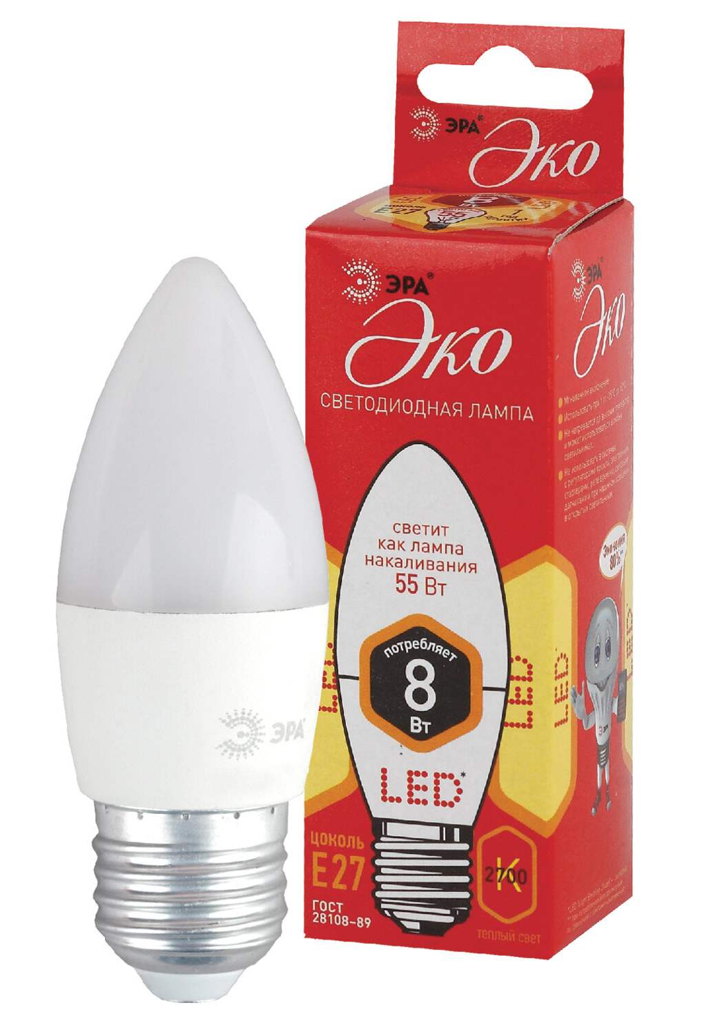 картинка Лампа светодиодная, 8 Вт, цоколь E27, свеча, теплый свет, 25000 ч, ЭРА, ECO LED B35-8W-2700-E27 от магазина Альфанит в Кунгуре
