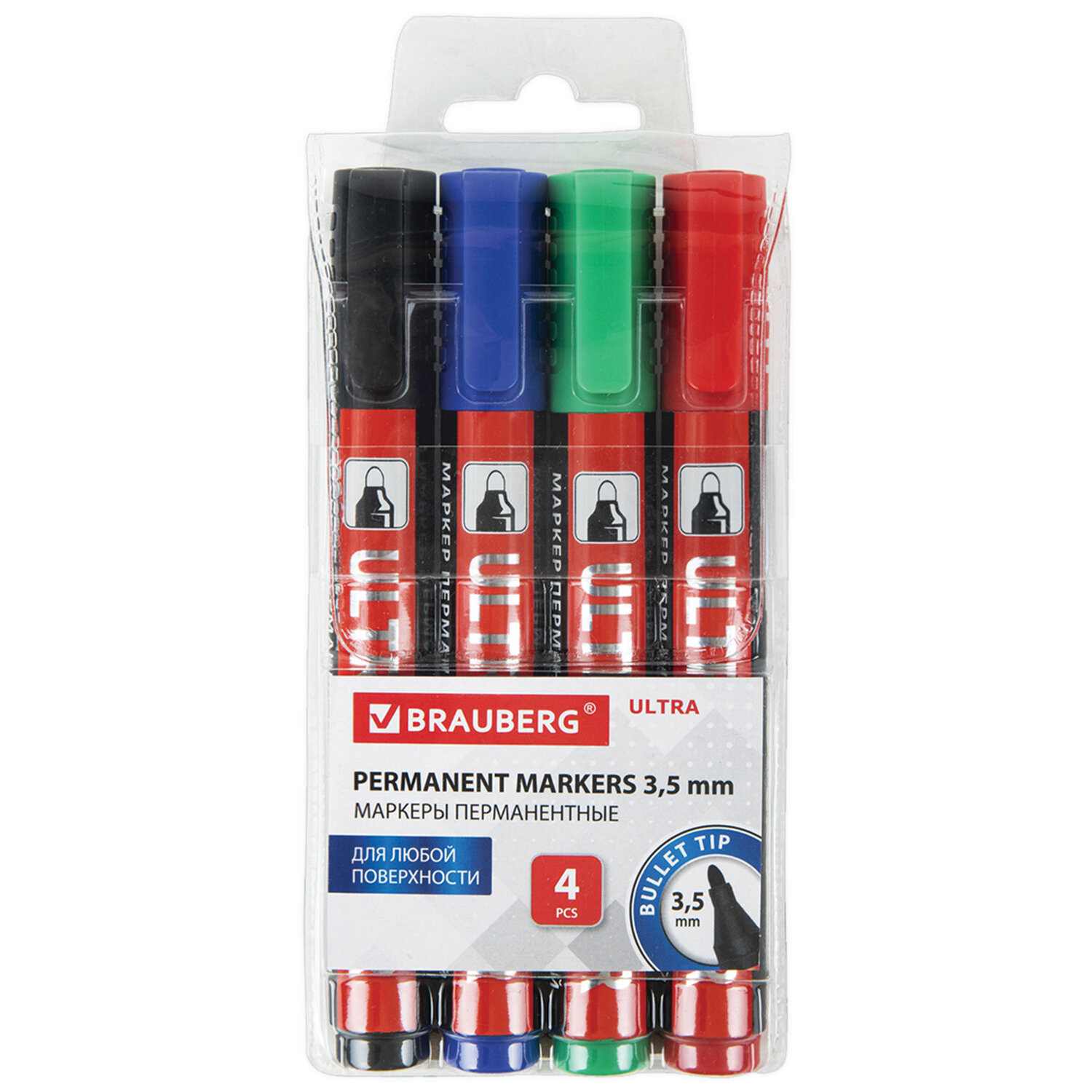 картинка Набор маркеров перманентных, 4 шт, 4 цв, 3,5 мм, круглый, "Ultra Marker", BRAUBERG, 152208 от магазина Альфанит в Кунгуре