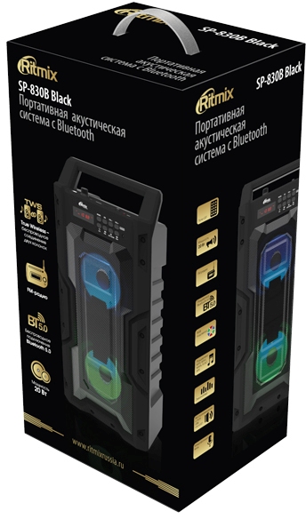 картинка Портативная колонка Ritmix 830B, 20Вт, 1800мАч, Bluetooth, USB, радио, microSD, черный, MP3, подсветка, SP-830B black от магазина Альфанит в Кунгуре