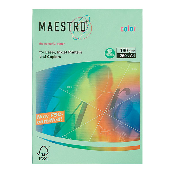картинка Бумага офисная цветная, А4, 250 л, 1 цв, 160 г/м2, зеленый, "Color", Maestro, MC-160-28 от магазина Альфанит в Кунгуре