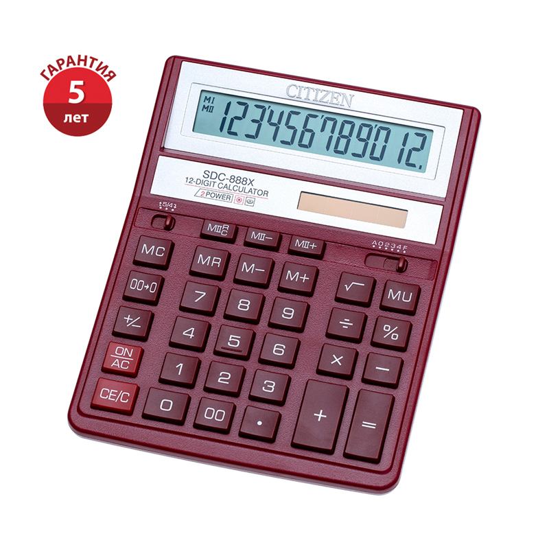 картинка Калькулятор настольный, 12 разрядов, 15,8*20,3 см, двойное питание, красный, "SDC-888XRD", CITIZEN от магазина Альфанит в Кунгуре
