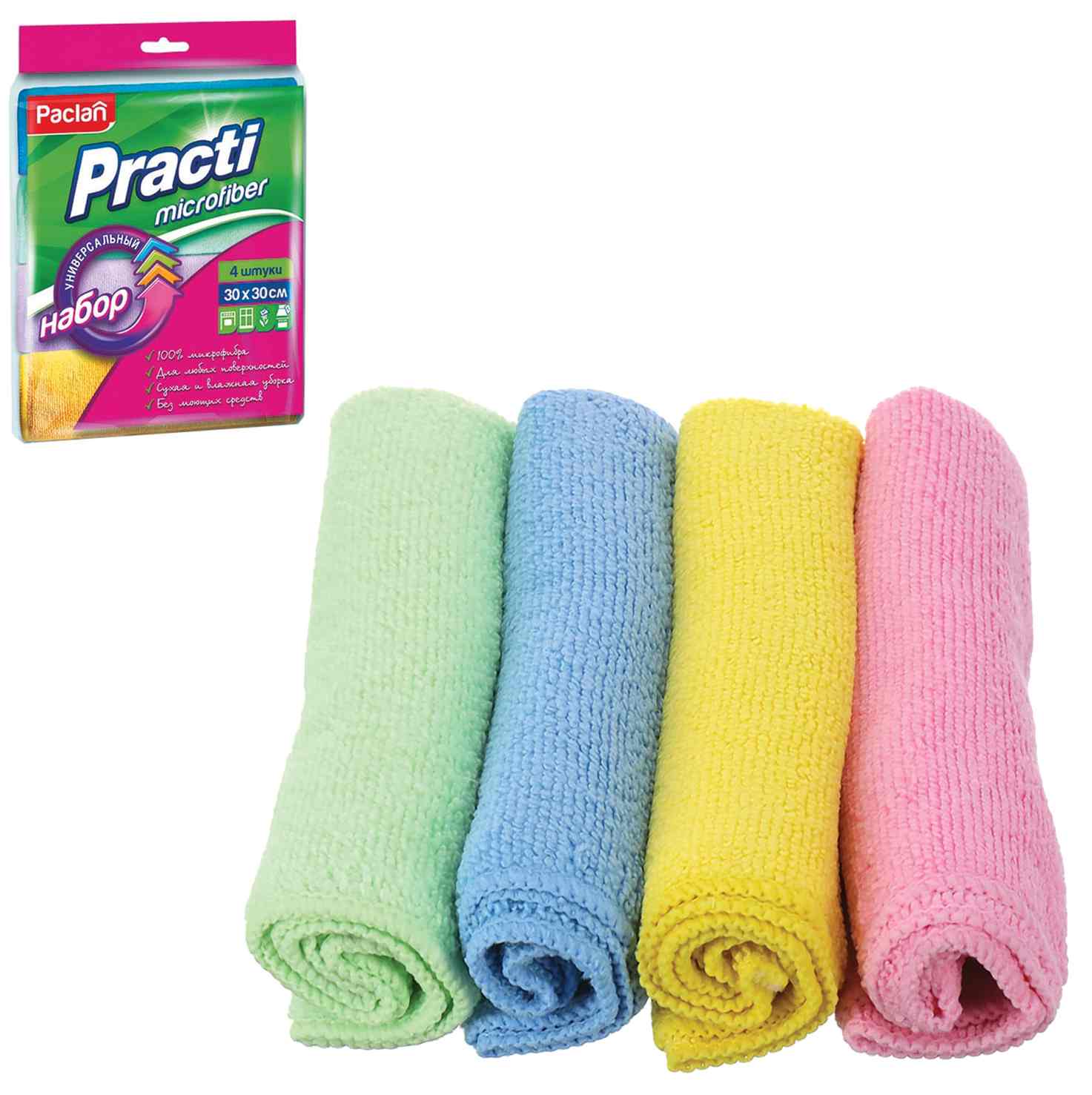 картинка Салфетки из микрофибры, 4 шт, 30*30 см, плотные, "Practi Microfiber", Paclan, 410260 от магазина Альфанит в Кунгуре