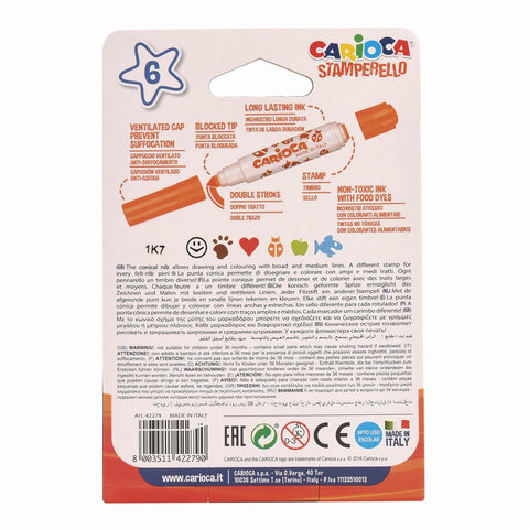 картинка Фломастеры-штампы двусторонние, 6 цв, смываемые, "Stamp Markers", Carioca, 42279 от магазина Альфанит в Кунгуре