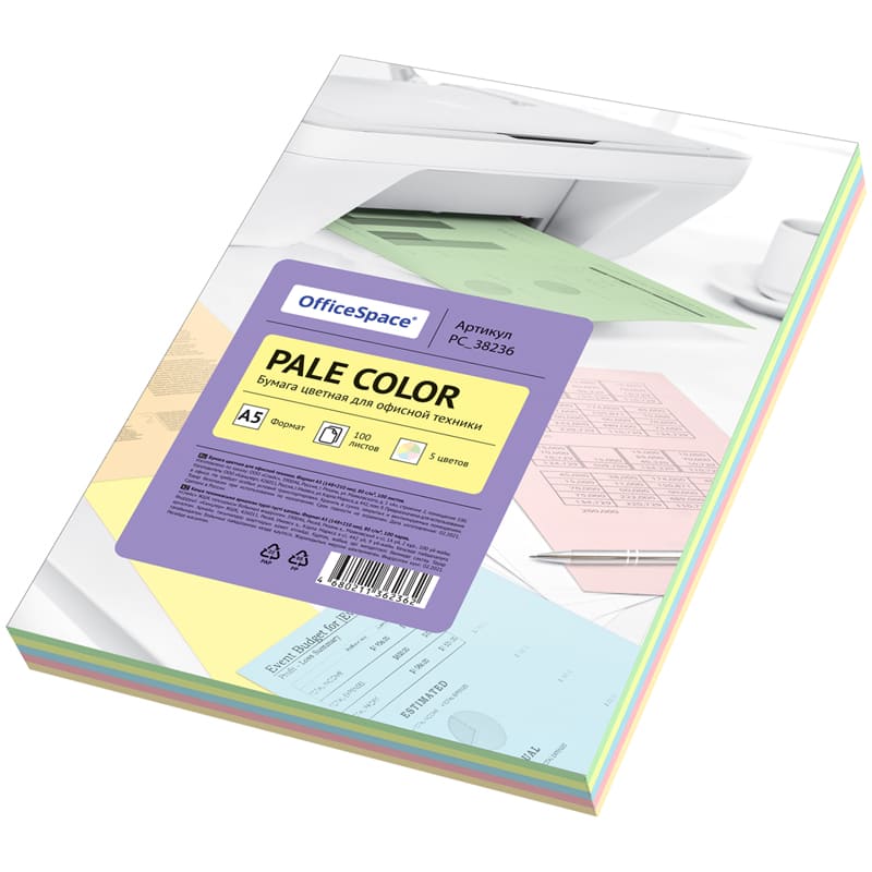 картинка Бумага офисная цветная, А5, 100 л, 5 цв, 80 г/м2, ассорти, "Pale Color", OfficeSpace, PC_38236 от магазина Альфанит в Кунгуре